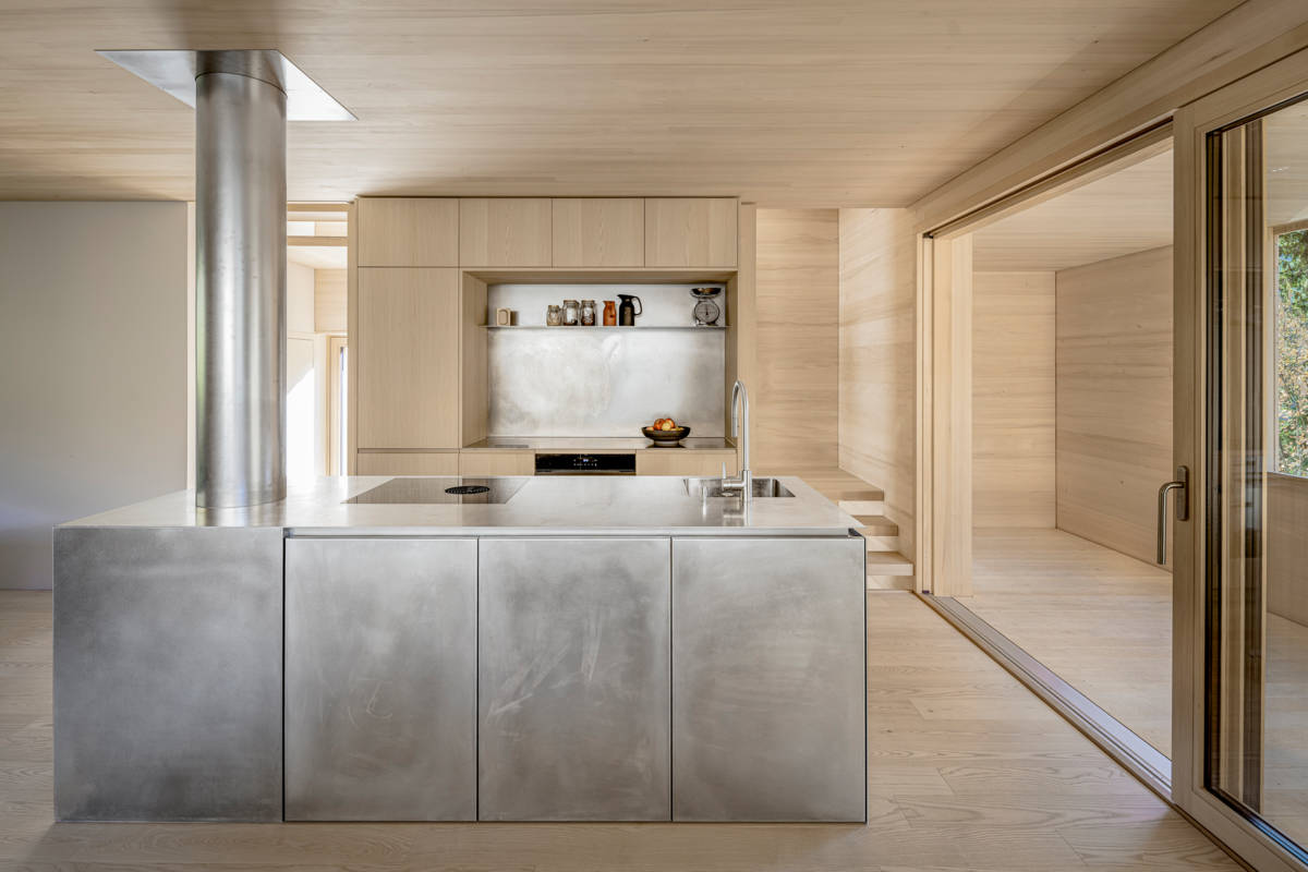 Edelstahl Küche, Holz Esche, Hell, modern, ofen integriert