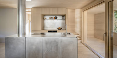 Edelstahl Küche, Holz Esche, Hell, modern, ofen integriert